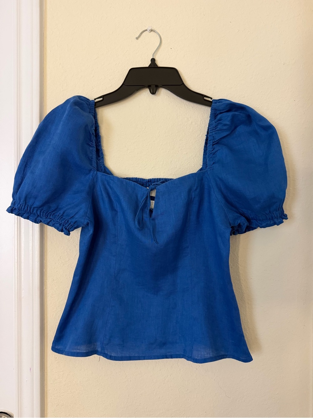 H&M Linen Blue Puff-Sleeve Square Neck Blouse